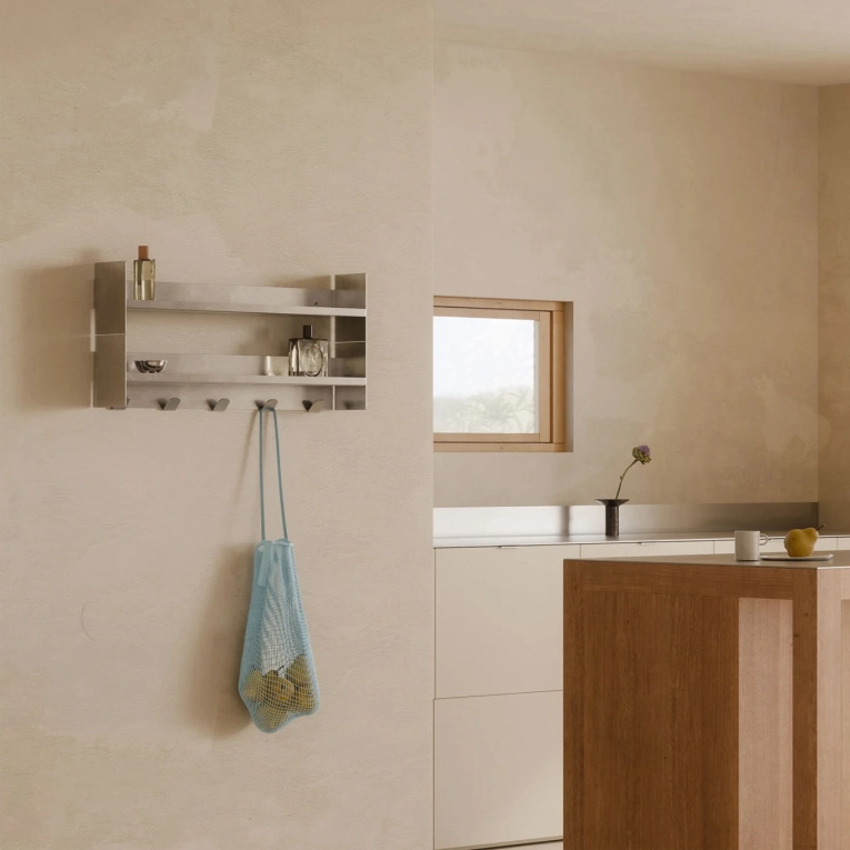 Shelving PLI CORE Brushed Stainless edged with coat racks L 60 TIPTOE