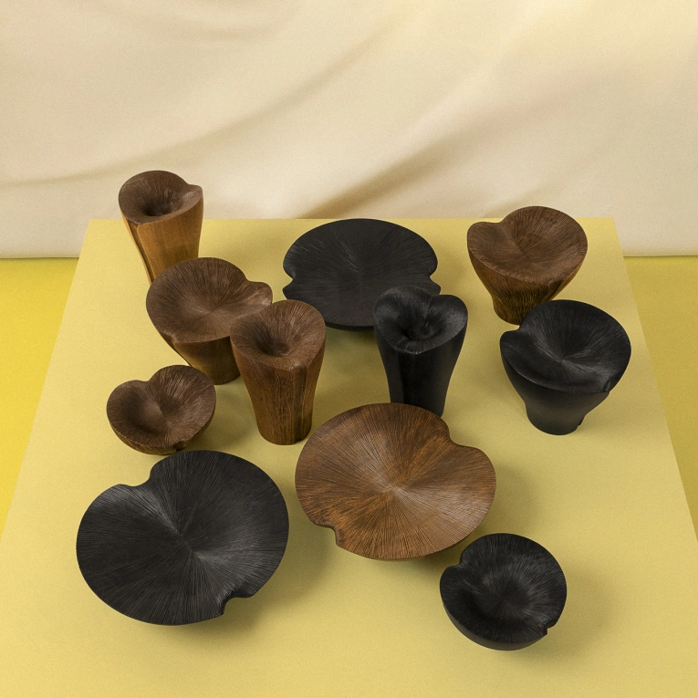 Centre de table & corbeille KALA tall base entièrement sculptée Noyer ZANAT