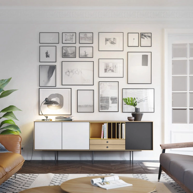 Meuble de rangement AURA L 212 x H 77 Chêne / Blanc / Jaune TREKU
