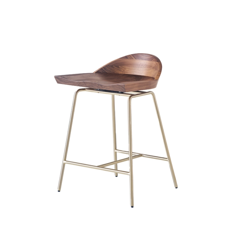 Tabouret haut SPINDLE dossier bas H 61 Noyer/ laiton satiné  BASSAMFELLOWS