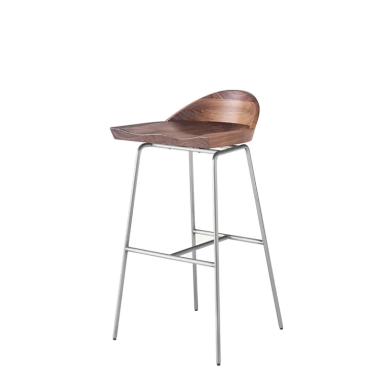 Tabouret haut SPINDLE dossier bas H 76 Noyer/ nickel satiné BASSAMFELLOWS