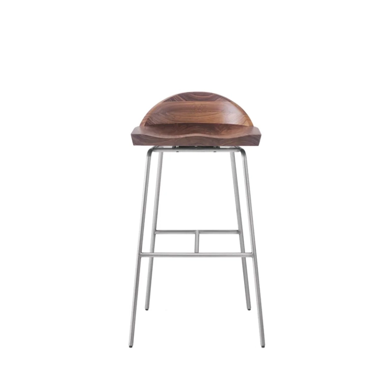 Tabouret haut SPINDLE dossier bas H 76 Noyer/ nickel satiné BASSAMFELLOWS