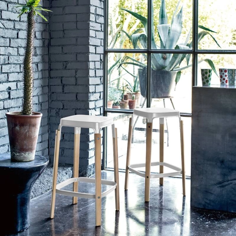 Tabouret haut STEELWOOD Blanc, bois MAGIS