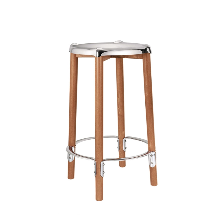Tabouret haut POÊLE Inox brillant/ hêtre brun ALESSI