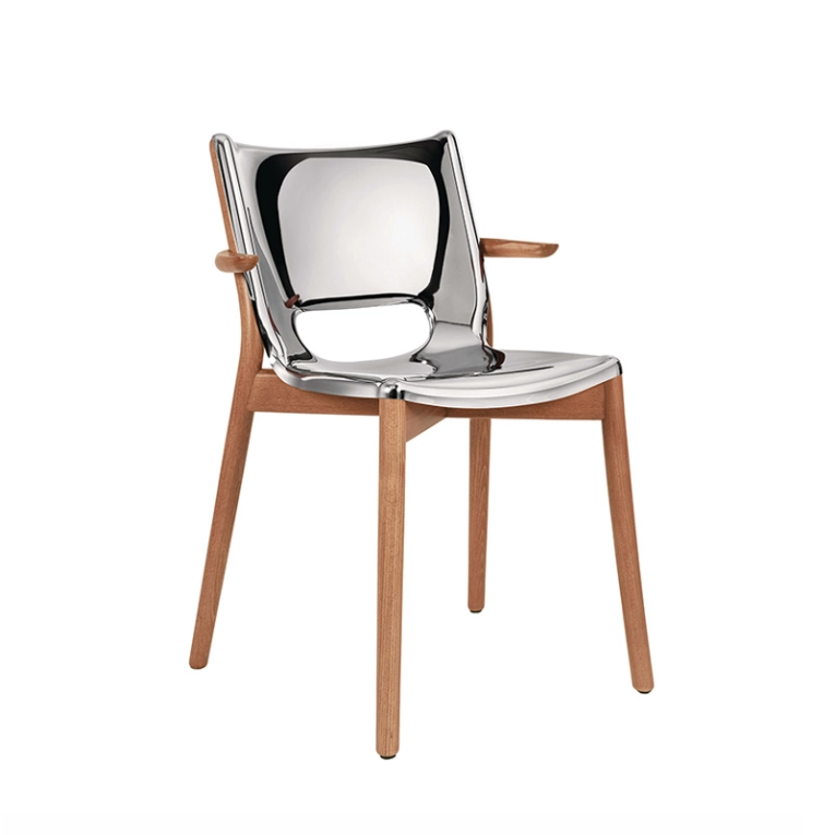 Chaise POÊLE avec accoudoirs Inox brillant/ hêtre brun ALESSI